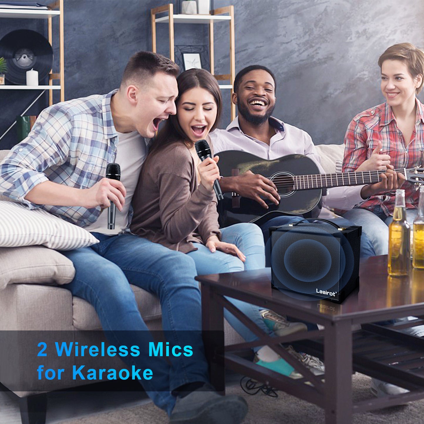 Karaoke Speaker with 2 Wireless Microphones, Wooden Speaker Portable